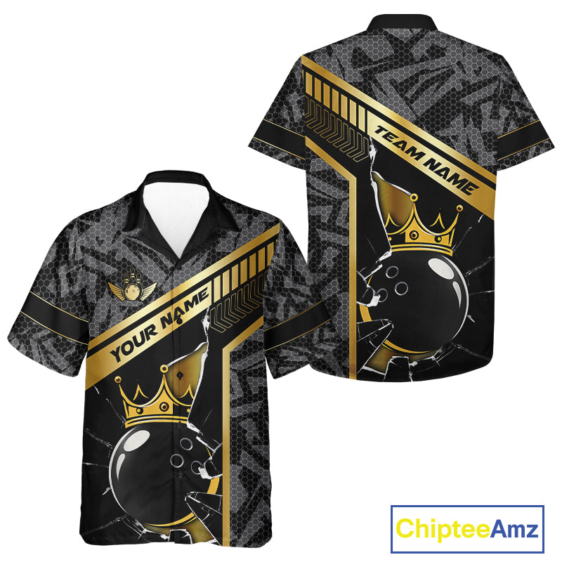 Black Camo and Gold Broken Crown Bowling Ball Hawaiian Shirt Custom Bowling Team Button-up shirt NQS11139