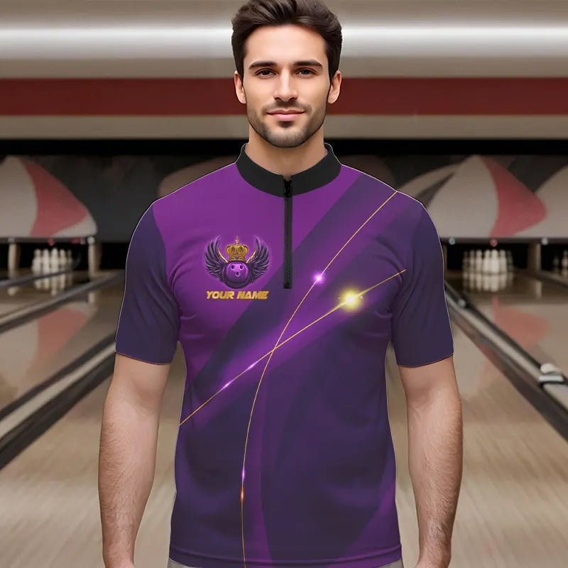Purple and Gold Crown Bowling ball wings Bowling Shirts For Men Custom Bowling Team Outfits NQS9445
