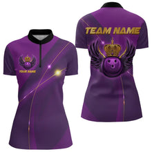 Load image into Gallery viewer, Purple and Gold Crown Bowling ball wings Bowling Shirts For Women Custom Ladies Bowling Team Outfits NQS9445