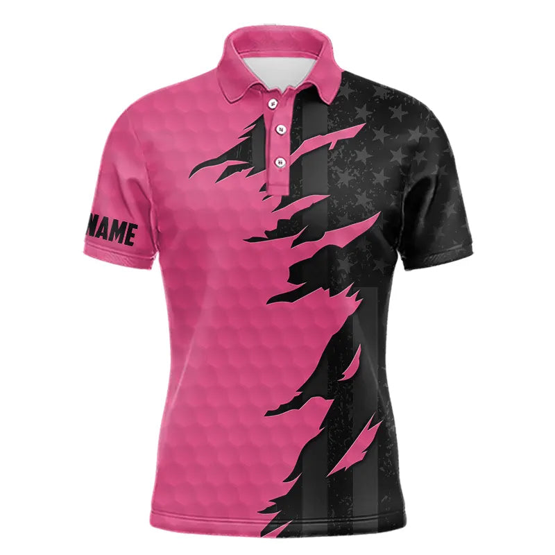 Personalized Mens golf polos shirts custom pink golf ball skin black American flag mens golf apparel NQS9775