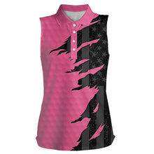 Load image into Gallery viewer, Womens sleeveless golf polos shirts pink golf ball skin black American flag ladies golf apparel NQS9775