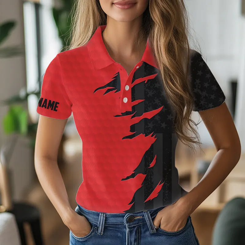 Personalized Womens golf polos shirt custom red golf shirts black American flag ladies golf apparel NQS9776