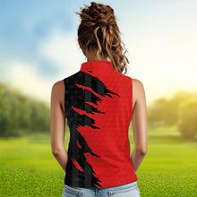 Load image into Gallery viewer, Womens sleeveless golf polos shirts red golf ball skin black American flag ladies golf apparel NQS9776