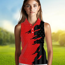 Load image into Gallery viewer, Womens sleeveless golf polos shirts red golf ball skin black American flag ladies golf apparel NQS9776