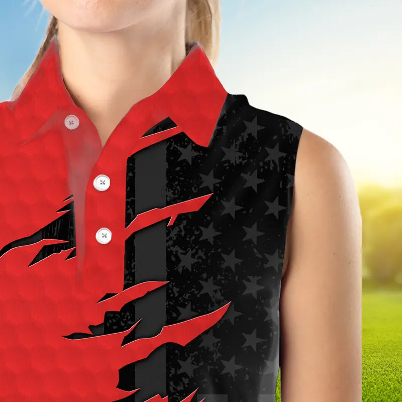 Womens sleeveless golf polos shirts red golf ball skin black American flag ladies golf apparel NQS9776