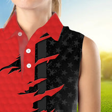 Load image into Gallery viewer, Womens sleeveless golf polos shirts red golf ball skin black American flag ladies golf apparel NQS9776
