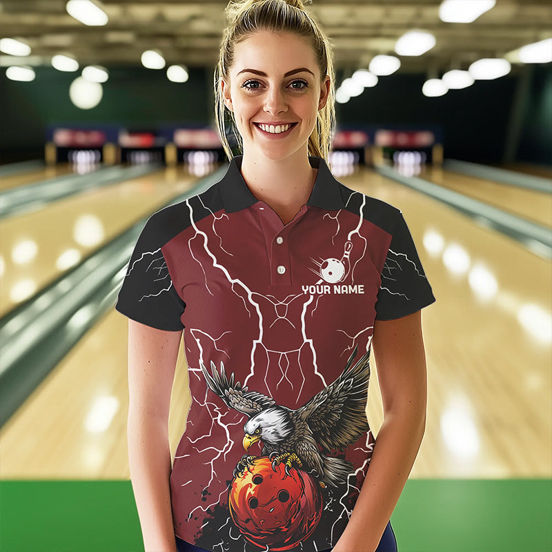 Women bowling Polo, Quarter Zip shirts Custom Eagle bowling lightning storm team league jerseys | Red NQS9781