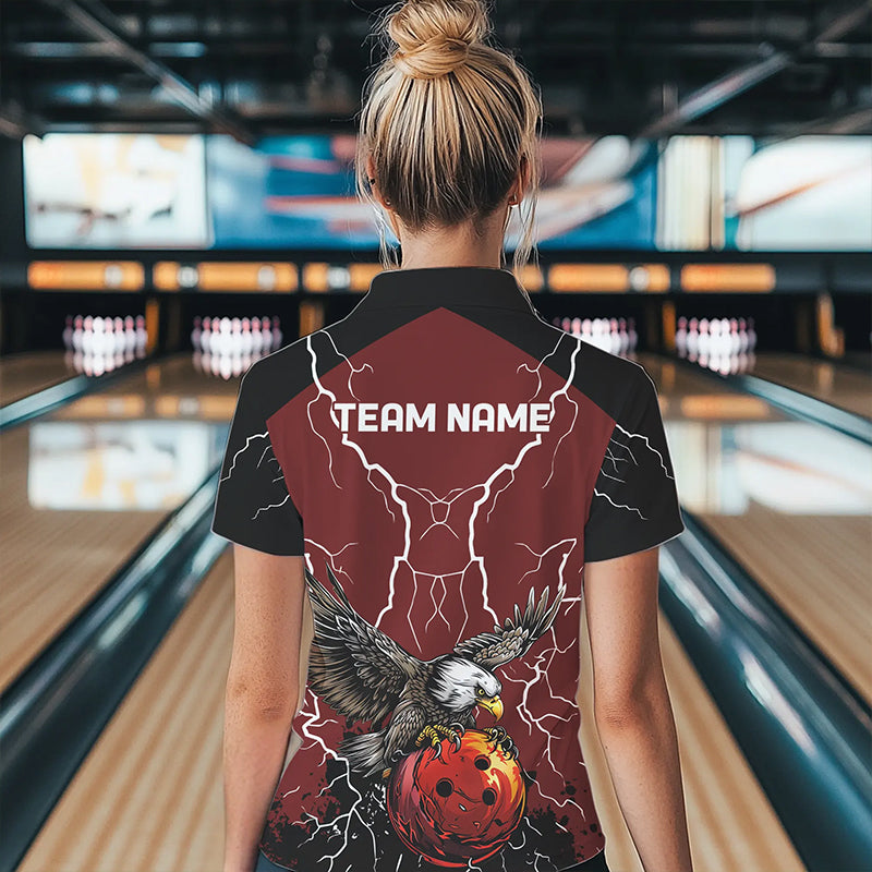 Women bowling Polo, Quarter Zip shirts Custom Eagle bowling lightning storm team league jerseys | Red NQS9781