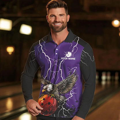 Men's bowling Polo, Quarter Zip shirt Custom Eagle bowling lightning storm team league jersey | Purple NQS9782