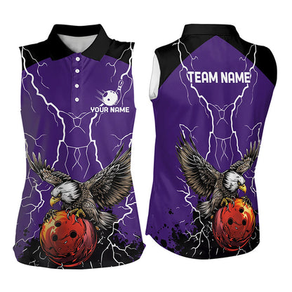 Women bowling Sleeveless Polo shirts Custom Eagle bowling lightning storm team league jerseys | Purple NQS9782