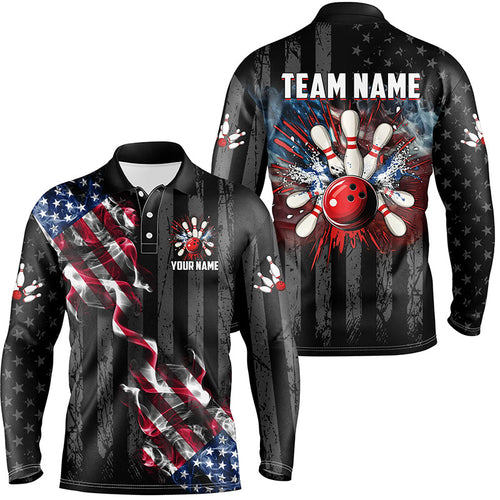 Black American flag smoke Bowling Polo, Quarter Zip shirt For Men Custom Patriotic Team Bowling Jersey NQS7689