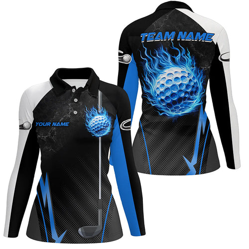 Black and white ladies golf tops custom Blue Flame golf ball Women golf polo shirts, golfing gifts NQS7692