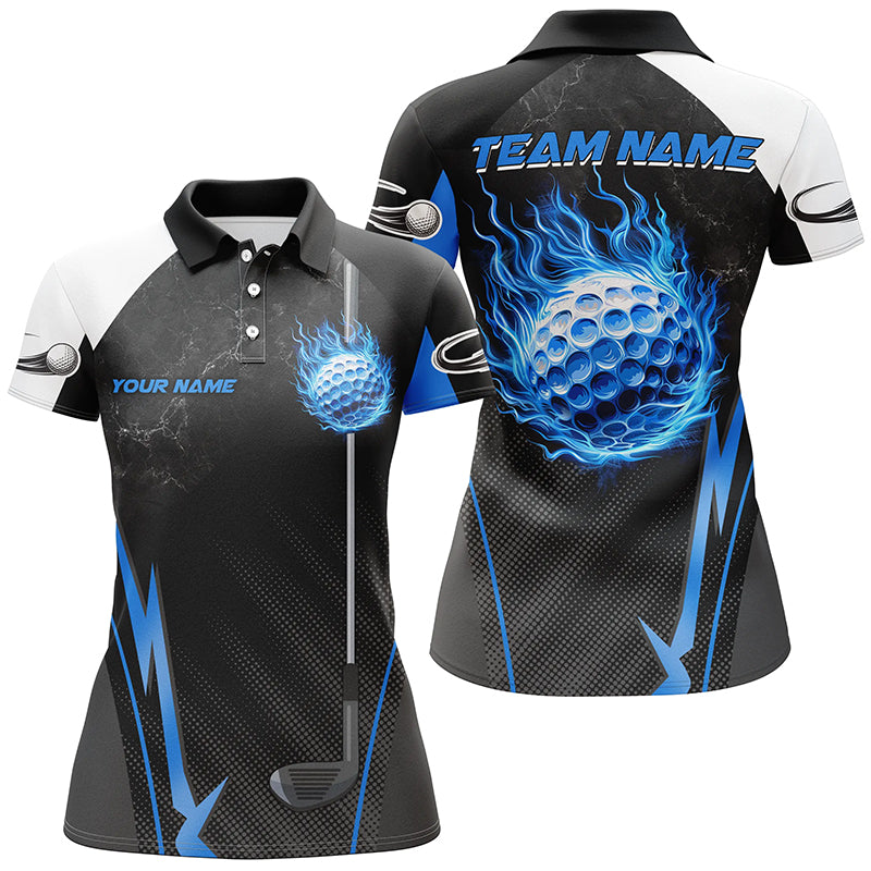 Black and white ladies golf tops custom Blue Flame golf ball Women golf polo shirts, golfing gifts NQS7692