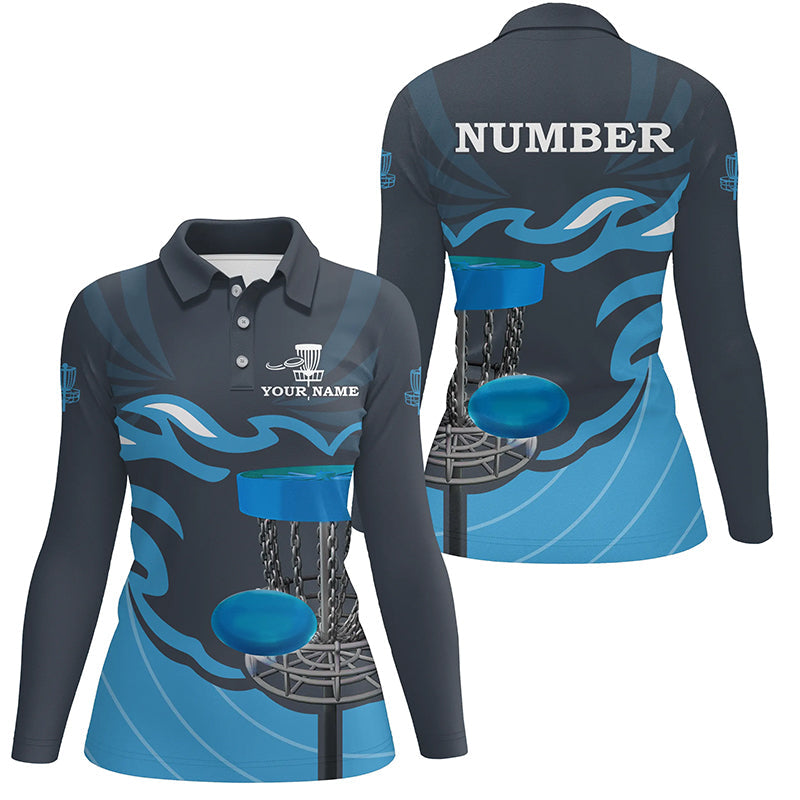 Retro disc golf polo shirt for women custom name and number team disc golf jerseys | Blue NQS8810