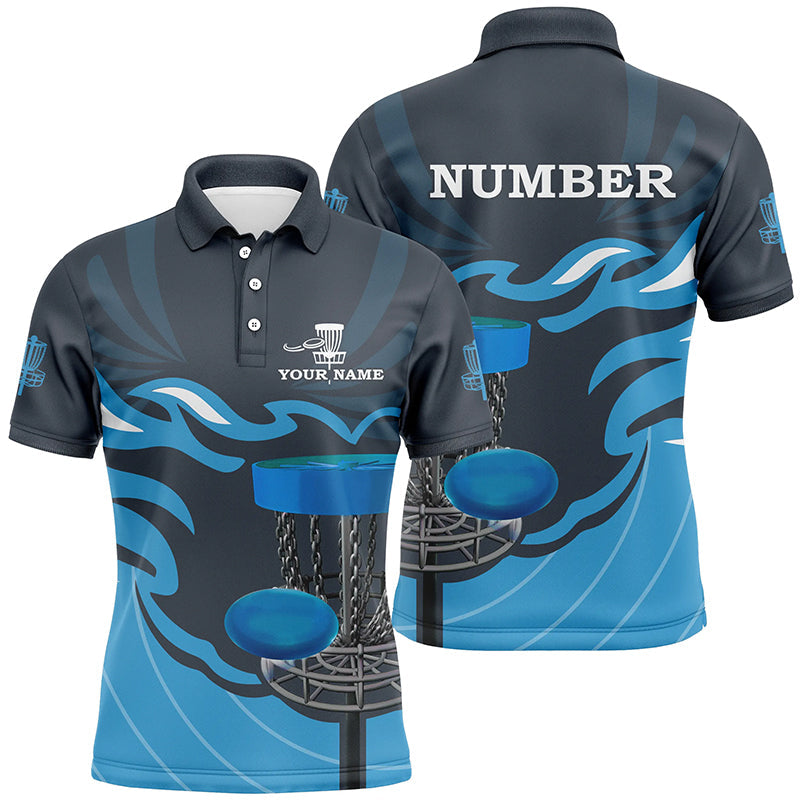 Retro disc golf polo shirts for men custom name and number team disc golf jerseys | Blue NQS8810