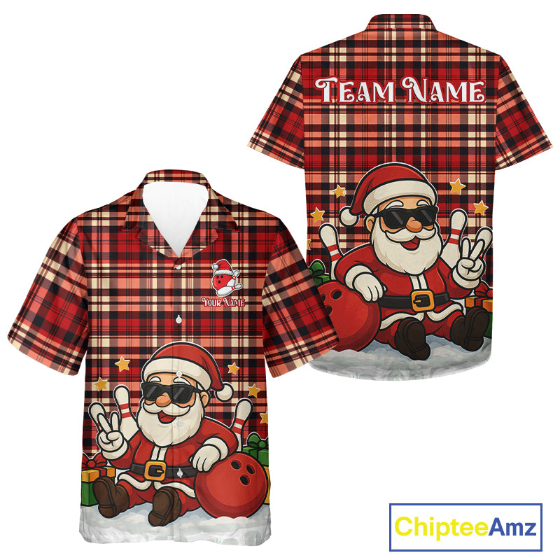 Funny Santa Christmas Hawaiian bowling jersey Custom Red Plaid button up bowling shirts NQS10957