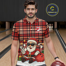 Load image into Gallery viewer, Funny Santa Christmas Bowling Polo, Quarter Zip shirts for men Custom Red Plaid bowling jerseys men NQS10957