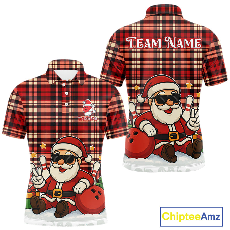 Funny Santa Christmas Bowling Polo, Quarter Zip shirts for men Custom Red Plaid bowling jerseys men NQS10957