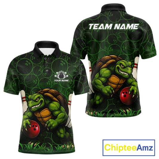 Black and Green Camo Funny Turtle Bowling Polo, Quarter Zip Shirt For Men Custom Team Bowling jerseys NQS11337