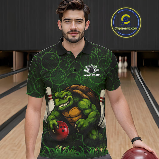 Black and Green Camo Funny Turtle Bowling Polo, Quarter Zip Shirt For Men Custom Team Bowling jerseys NQS11337
