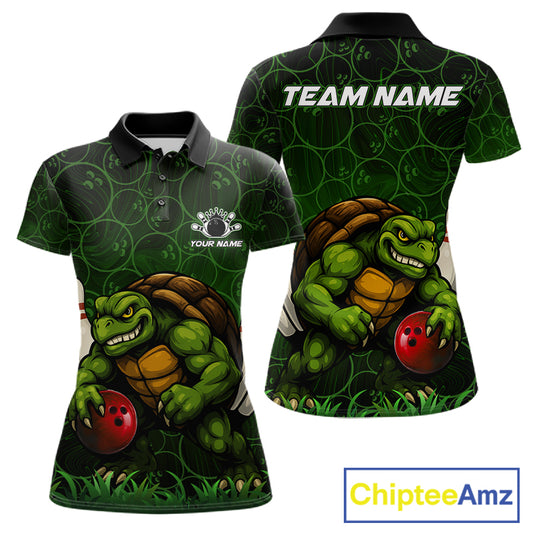 Black and Green Camo Funny Turtle Bowling Polo, 1/4 Zip Shirt For Women Custom Team Bowling jerseys NQS11337