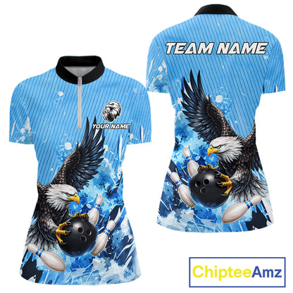 Blue Eagle Bowling Polo, Quarter Zip Shirt For Women Custom Team Bowling jerseys, Gift For Bowlers NQS11339