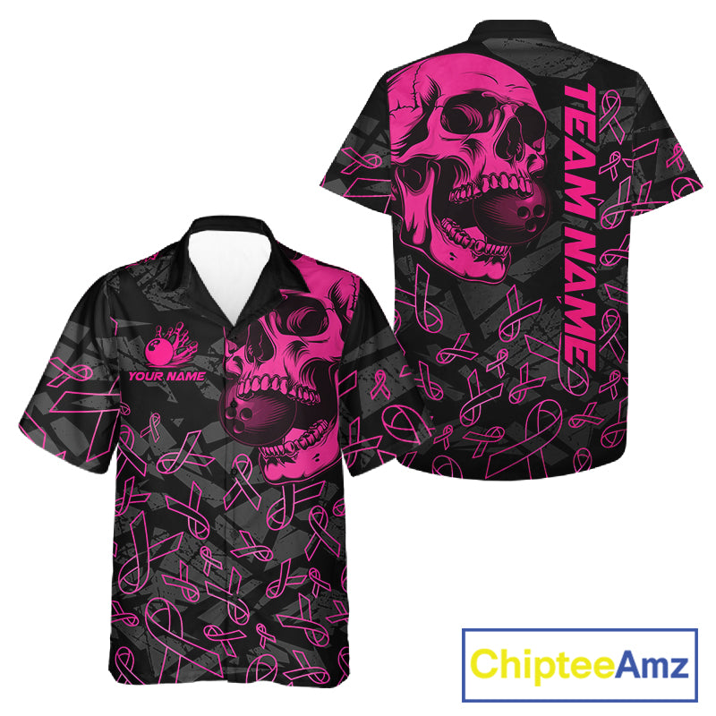 Black Skull camo pink ribbon pattern breast cancer bowling Hawaiian Shirt custom bowling team jersey NQS11549