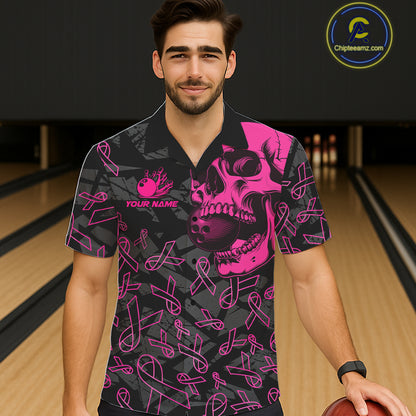 Black Skull camo pink ribbon pattern breast cancer bowling Hawaiian Shirt custom bowling team jersey NQS11549