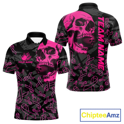 Black Skull camo pink ribbons pattern breast cancer bowling shirt for men custom bowling team jerseys NQS11549