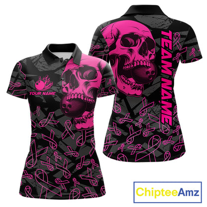 Black Skull camo pink ribbon pattern breast cancer bowling shirt for Women custom bowling team jersey NQS11549