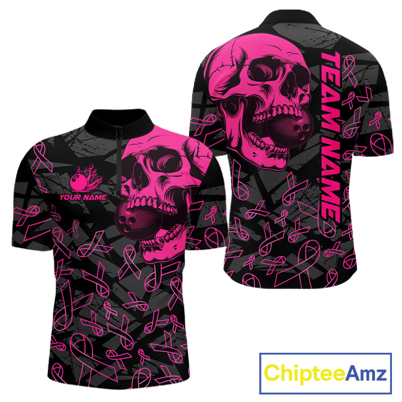 Black Skull camo pink ribbons pattern breast cancer bowling shirt for men custom bowling team jerseys NQS11549