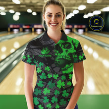 Load image into Gallery viewer, Black Skull camo Green Shamrock pattern St Patrick bowling shirt for Women custom bowling team jersey NQS11550
