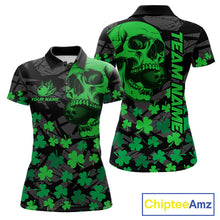 Load image into Gallery viewer, Black Skull camo Green Shamrock pattern St Patrick bowling shirt for Women custom bowling team jersey NQS11550