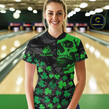Load image into Gallery viewer, Black Skull camo Green Shamrock pattern St Patrick bowling shirt for Women custom bowling team jersey NQS11550