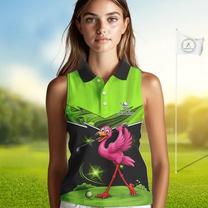 Funny Flamingo Green Sleeveless Golf Shirt Custom Flamingo Team ladies golf tops, funny golf gifts NQS11675