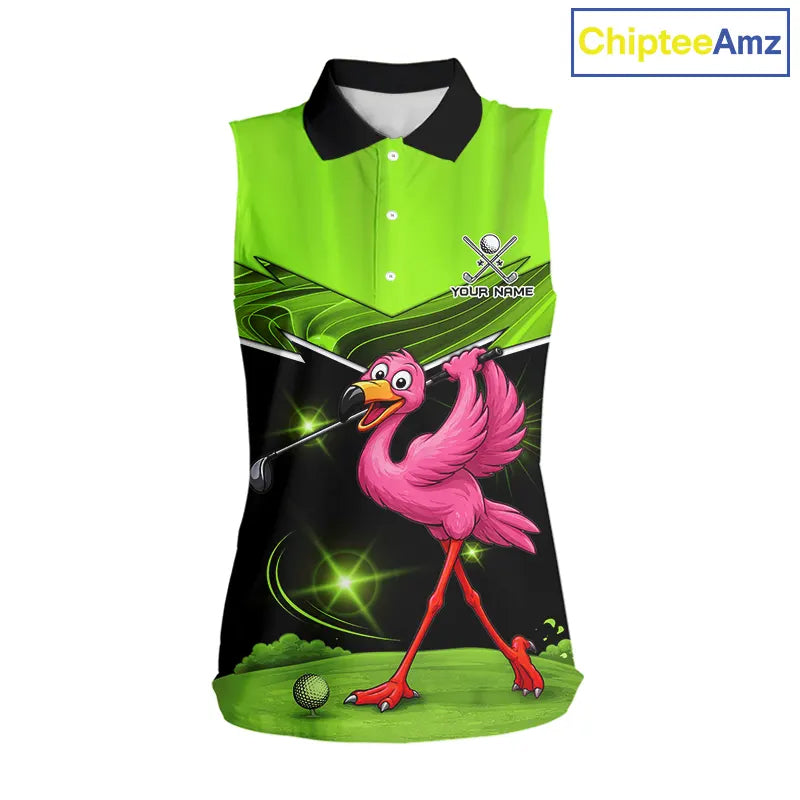 Funny Flamingo Green Sleeveless Golf Shirt Custom Flamingo Team ladies golf tops, funny golf gifts NQS11675