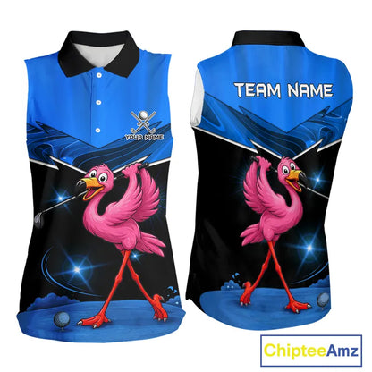 Funny Flamingo Blue Sleeveless Golf Shirt Custom Flamingo Team ladies golf tops, funny golf gifts NQS11676
