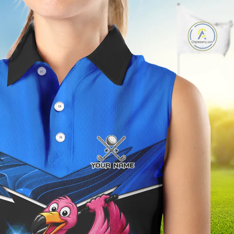 Funny Flamingo Blue Sleeveless Golf Shirt Custom Flamingo Team ladies golf tops, funny golf gifts NQS11676