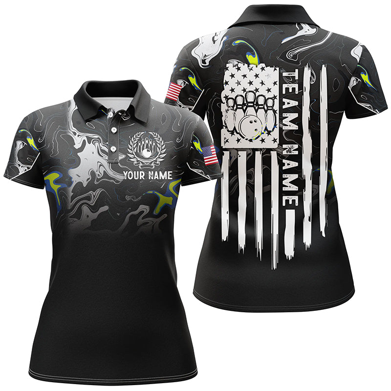 Black white camo Women bowling polo shirt Custom American flag patriotic bowling team league jerseys NQS7367