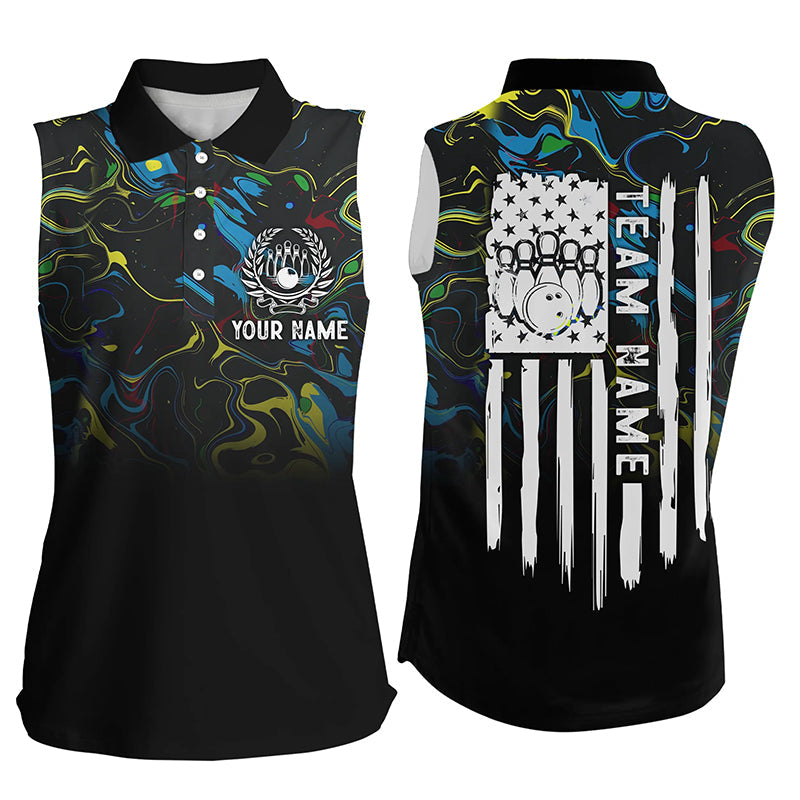 Colorful camo Women sleeveless polo shirts Custom American flag patriotic bowling team jerseys NQS7368
