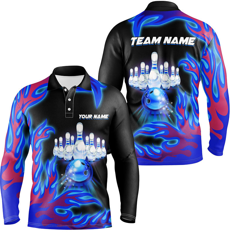 Personalized Blue Flame Bowling Team Jerseys, Mens polo bowling shirts Bowling League NQS7371