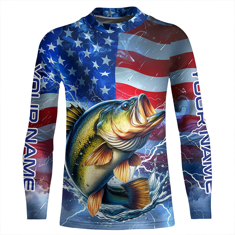 Largemouth Bass fishing American flag Long Sleeve Fishing Shirt custom Lightning Bass fishing jersey NQS7702