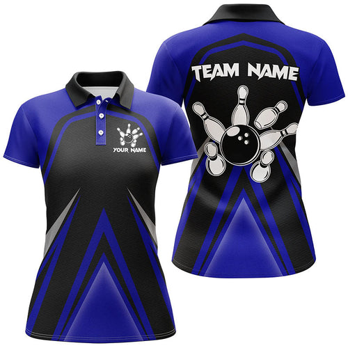 Black and Blue Retro Bowling Polo, Quarter Zip Shirts For Women Custom Team Bowling Jerseys, bowl gift NQS8367