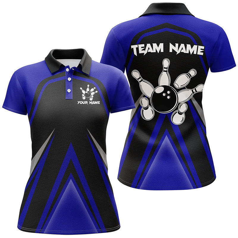 Black and Blue Retro Bowling Polo, Quarter Zip Shirts For Women Custom Team Bowling Jerseys, bowl gift NQS8367