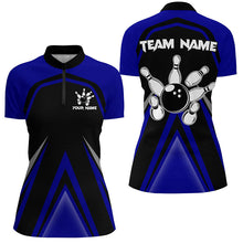 Load image into Gallery viewer, Black and Blue Retro Bowling Polo, Quarter Zip Shirts For Women Custom Team Bowling Jerseys, bowl gift NQS8367
