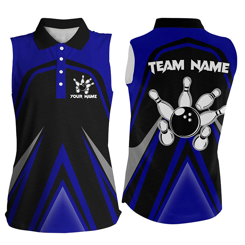 Black and Blue Retro Bowling Sleeveless Polo Shirts For Women Custom Team Bowling Jerseys, bowl gift NQS8367