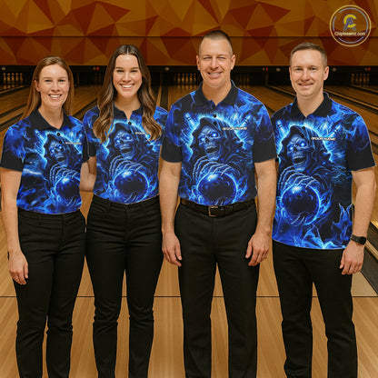 Blue Flame Skull Bowling Polo, 1/4 Zip Shirts For Men Custom Bowling Reaper Team Bowling jersey NQS11348