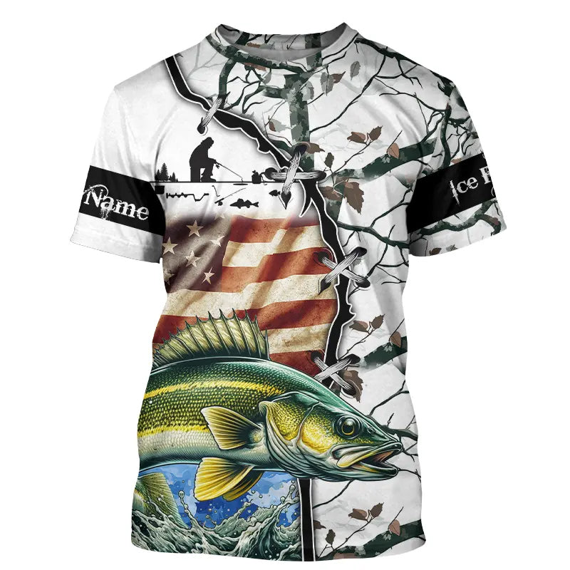 Walleye ice fishing snow camo American Flag Custom Fishing Shirts, Personalized Gifts for Fisherman NQS2901