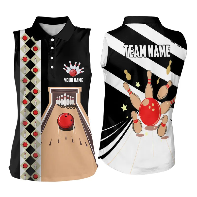 Personalized Red, white and black Retro bowling Sleeveless Polo shirts for Women, Bowling Team Jerseys NQS9460