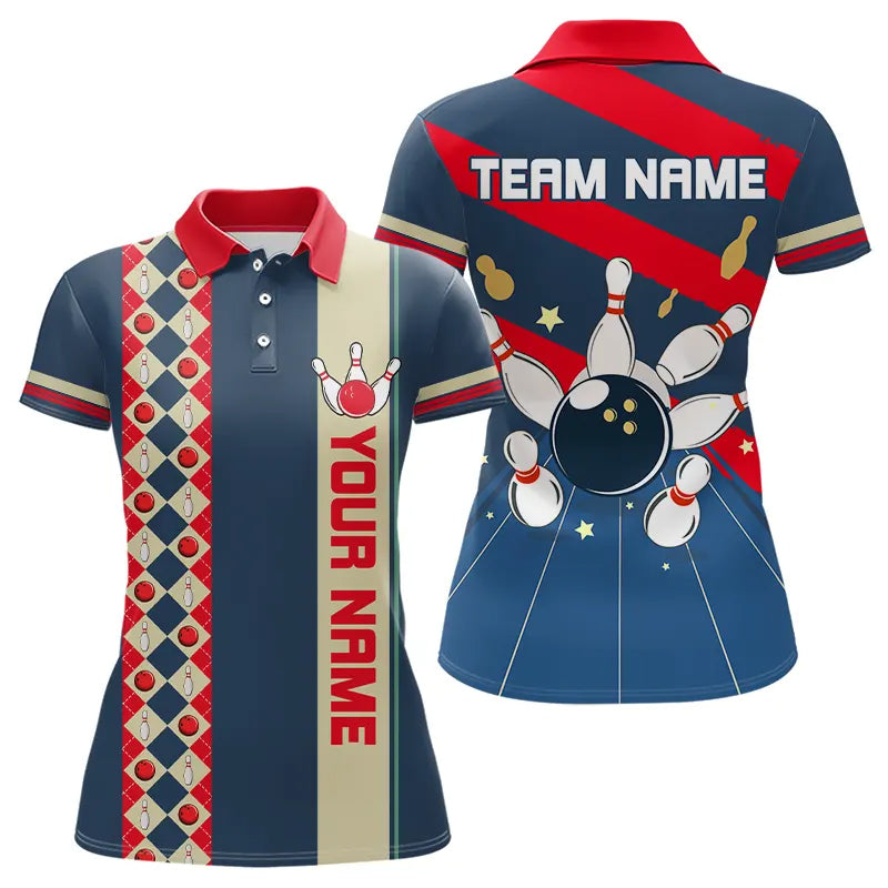 Personalized Red, white and blue Retro bowling Polo, Quarter Zip shirt for women, Bowling Team Jersey NQS9461